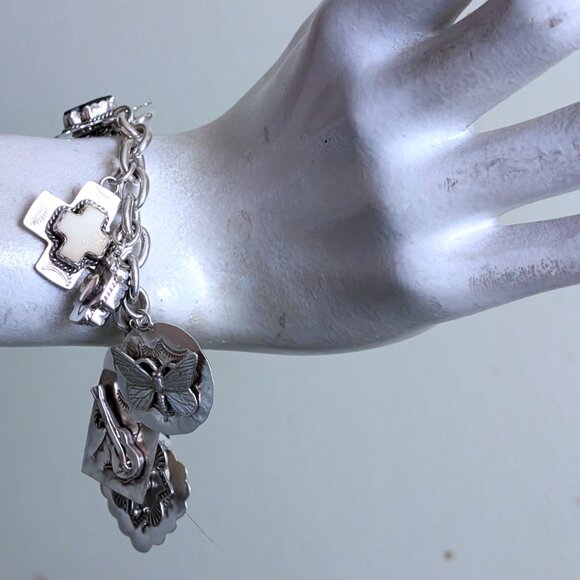 Joan Slifka Sterling 925 Heart Angel Cross Love Luck Charm Two Sided Bracelet - Picture 13 of 14